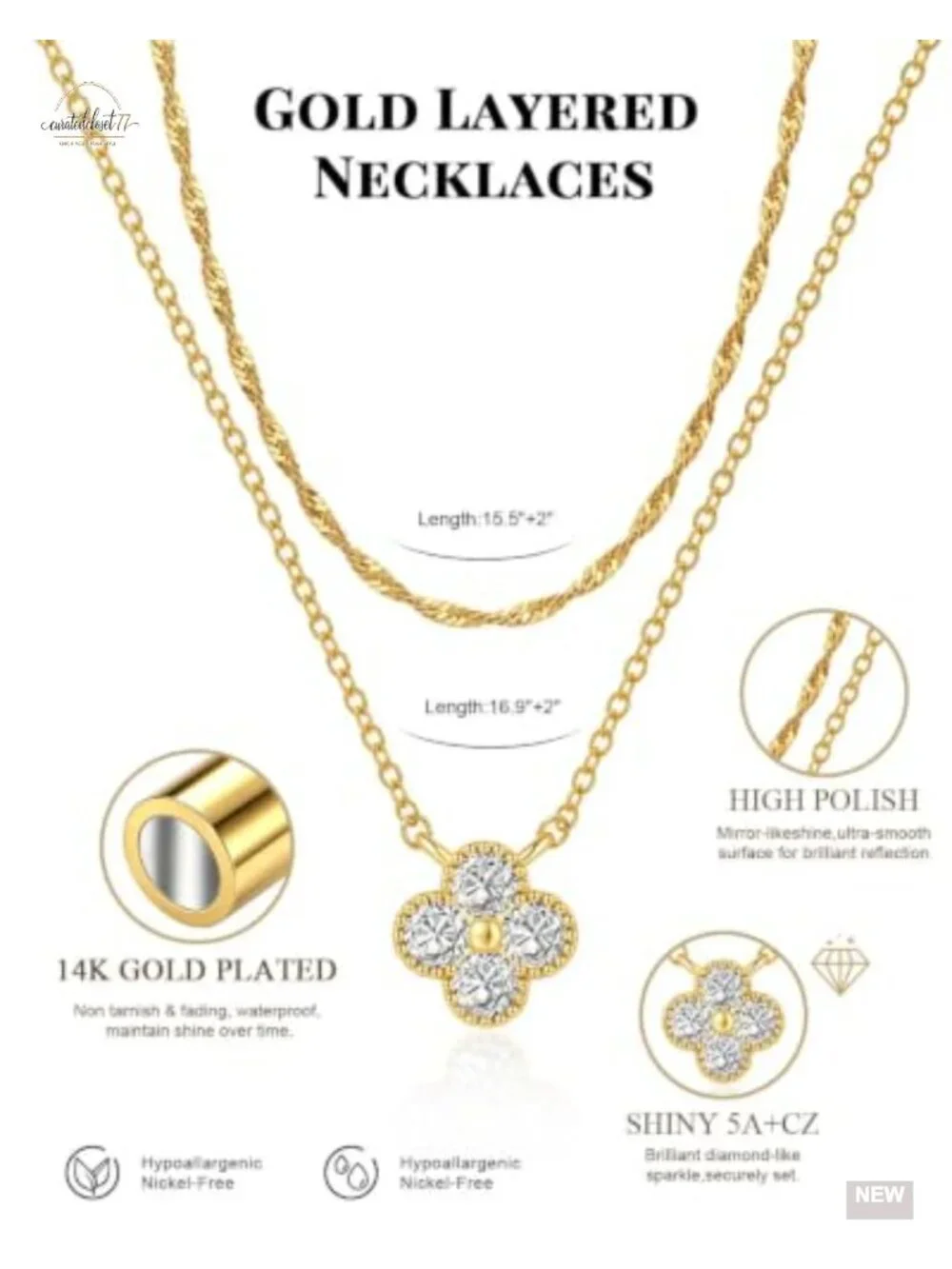 Dainty Layered Gold Plated Necklace Set Cubic Zirconia Four Leaf Clover Choker